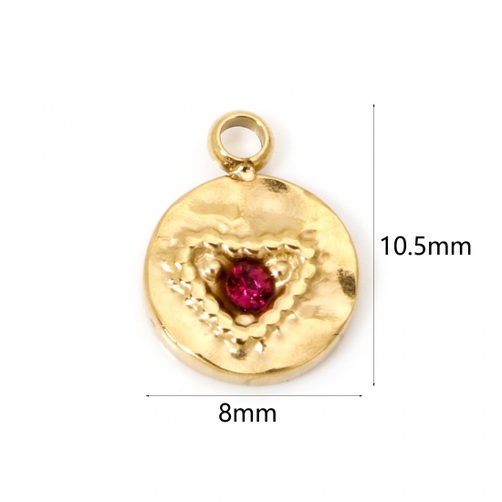 Picture of 1 Piece Vacuum Plating 304 Stainless Steel Hammered Disc Charms Gold Plated Round Heart Fuchsia Rhinestone 10.5mm x 8mm