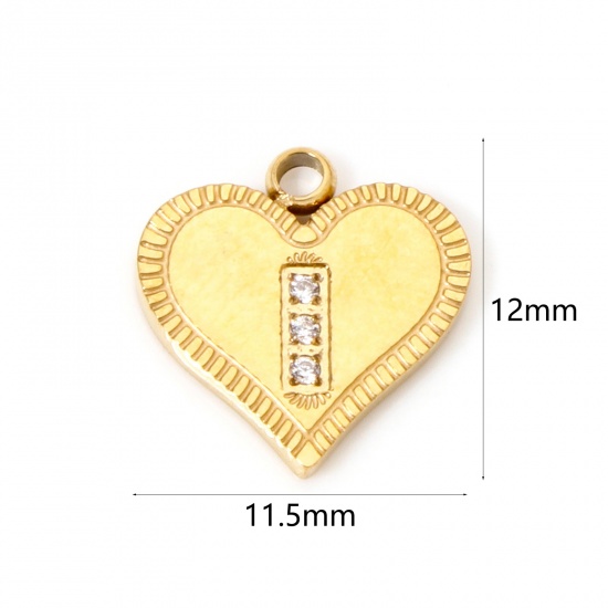 Picture of 1 Piece Vacuum Plating 304 Stainless Steel Valentine's Day Charms Gold Plated Heart Stripe Clear Rhinestone 12mm x 11.5mm