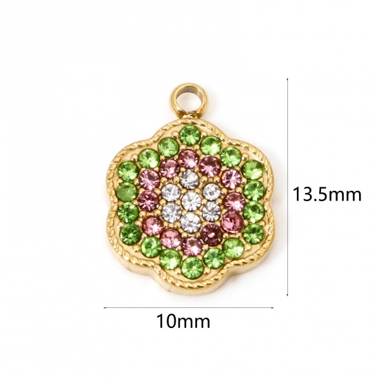 Picture of 1 Piece Vacuum Plating 304 Stainless Steel Exquisite Charms Gold Plated Flower Multicolor Rhinestone 13.5mm x 10mm