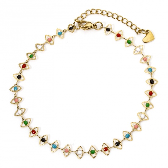 Picture of 1 Piece 304 Stainless Steel Handmade Link Chain Anklet 18K Gold Plated Multicolor Enamel Eye 22cm(8.7") long