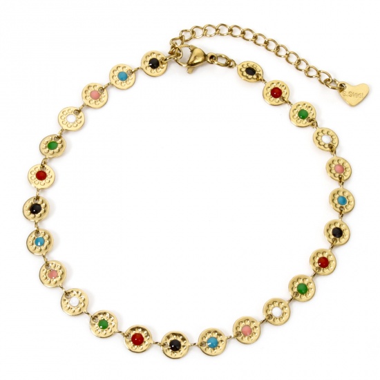 Picture of 1 Piece 304 Stainless Steel Handmade Link Chain Anklet 18K Gold Plated Multicolor Enamel Round 22cm(8.7") long