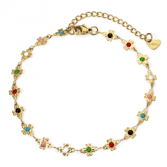 Picture of 1 Piece 304 Stainless Steel Handmade Link Chain Anklet 18K Gold Plated Multicolor Enamel Flower 22cm(8.7") long