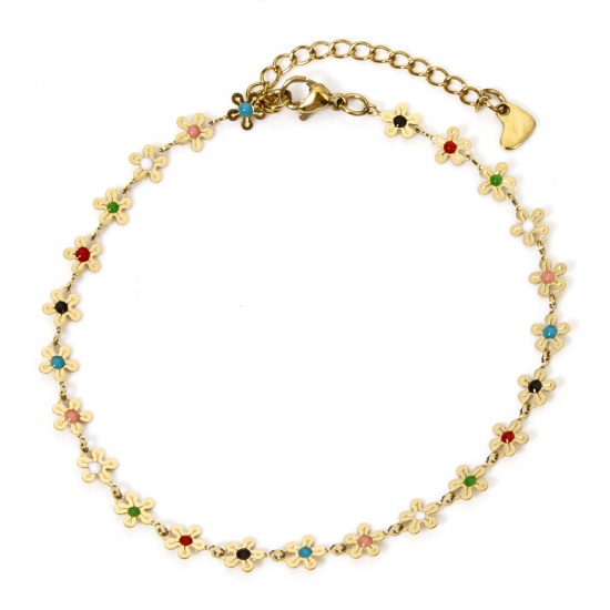 Picture of 1 Piece 304 Stainless Steel Handmade Link Chain Anklet 18K Gold Plated Multicolor Enamel Flower 22cm(8.7") long