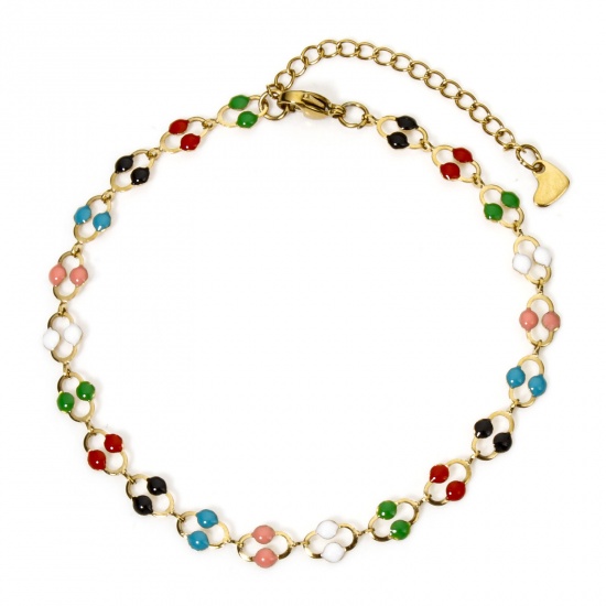 Picture of 1 Piece 304 Stainless Steel Handmade Link Chain Anklet 18K Gold Plated Multicolor Enamel Oval 22cm(8.7") long