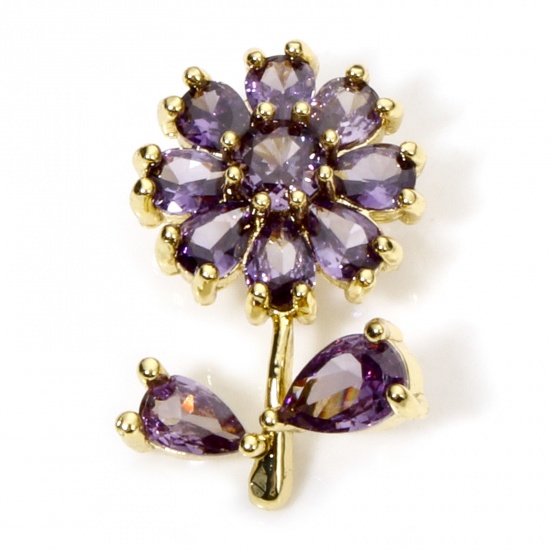 Picture of 1 Piece Brass & Glass Charms 18K Gold Plated Purple Flower Leaves 20mm x 13mm