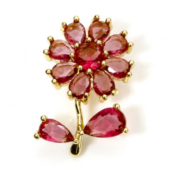 Picture of 1 Piece Brass & Glass Charms 18K Gold Plated Fuchsia Flower Leaves 20mm x 13mm