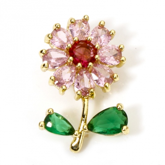 Picture of 1 Piece Brass & Glass Charms 18K Gold Plated Pink & Green Flower Leaves 20mm x 13mm