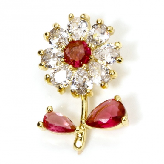 Picture of 1 Piece Brass & Glass Charms 18K Gold Plated Fuchsia & Clear Flower Leaves 20mm x 13mm