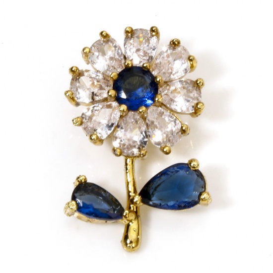 Picture of 1 Piece Brass & Glass Charms 18K Gold Plated Blue & Clear Flower Leaves 20mm x 13mm