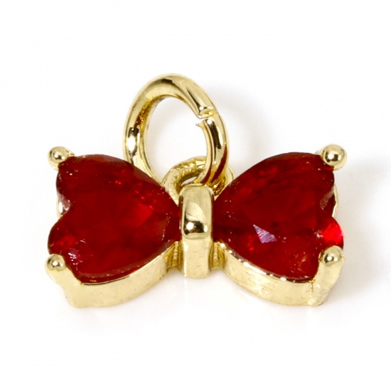 Picture of 2 PCs Brass & Glass Clothes Charms 18K Gold Plated Red Bowknot 11mm x 10mm