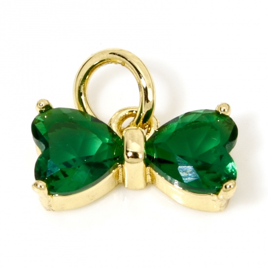 Picture of 2 PCs Brass & Glass Clothes Charms 18K Gold Plated Green Bowknot 11mm x 10mm