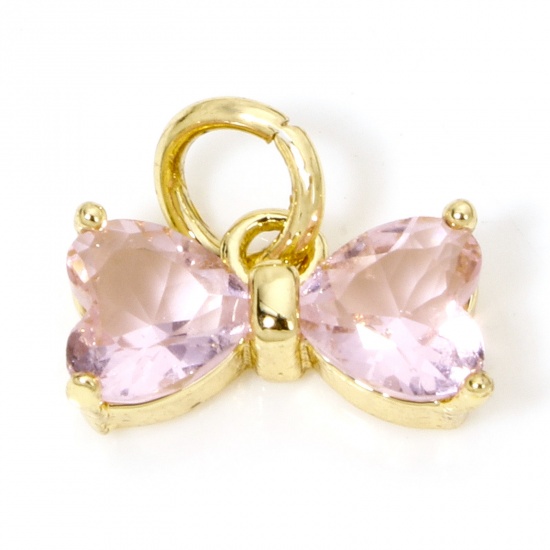 Picture of 2 PCs Brass & Glass Clothes Charms 18K Gold Plated Pink Bowknot 11mm x 10mm