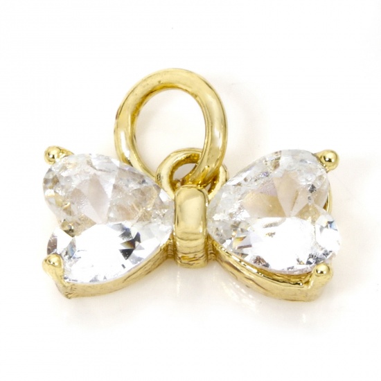 Picture of 2 PCs Brass & Glass Clothes Charms 18K Gold Plated Transparent Clear Bowknot 11mm x 10mm