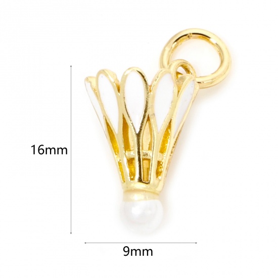 Picture of 1 Piece Brass Sport Charms 18K Gold Plated White Badminton Enamel 3D 16mm x 9mm