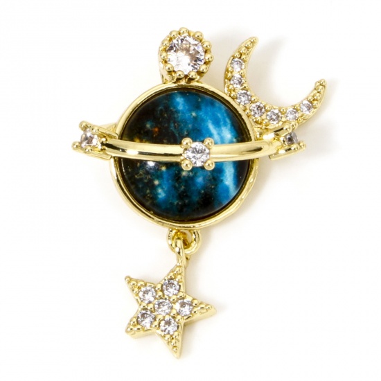 Picture of 1 Piece Brass Galaxy Charms 18K Gold Plated Blue Planet Star With Glass Cabochons Clear Cubic Zirconia 25mm x 20mm