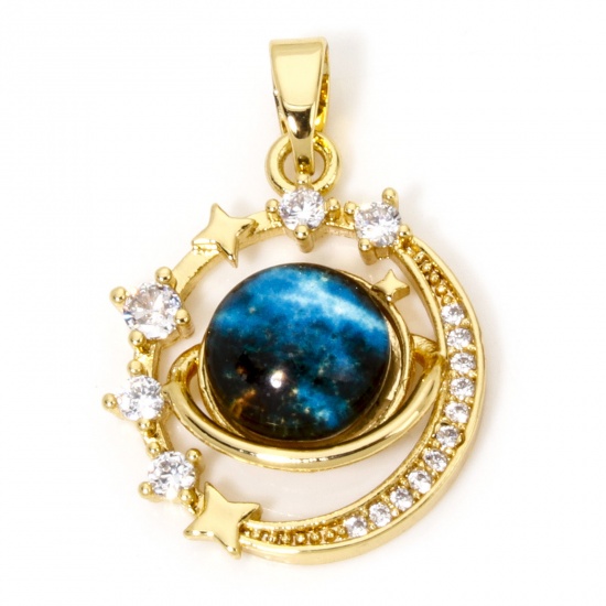 Picture of 1 Piece Brass Galaxy Charms 18K Gold Plated Blue Planet Moon With Glass Cabochons Clear Cubic Zirconia 24mm x 16mm