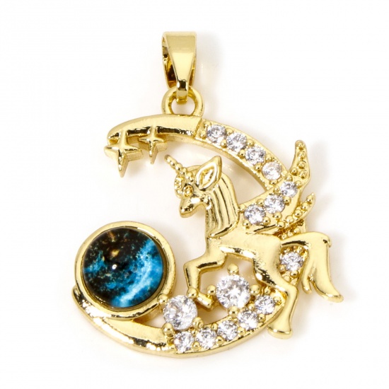 Picture of 1 Piece Brass Galaxy Charms 18K Gold Plated Blue Half Moon Horse With Glass Cabochons Clear Cubic Zirconia 25mm x 20mm