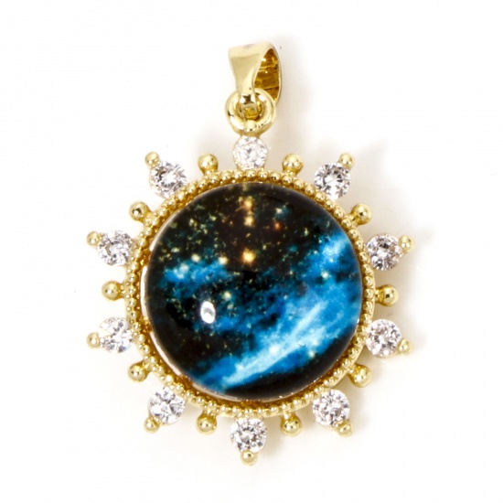 Picture of 1 Piece Brass Galaxy Charms 18K Gold Plated Blue Sun With Glass Cabochons Clear Cubic Zirconia 25mm x 18mm