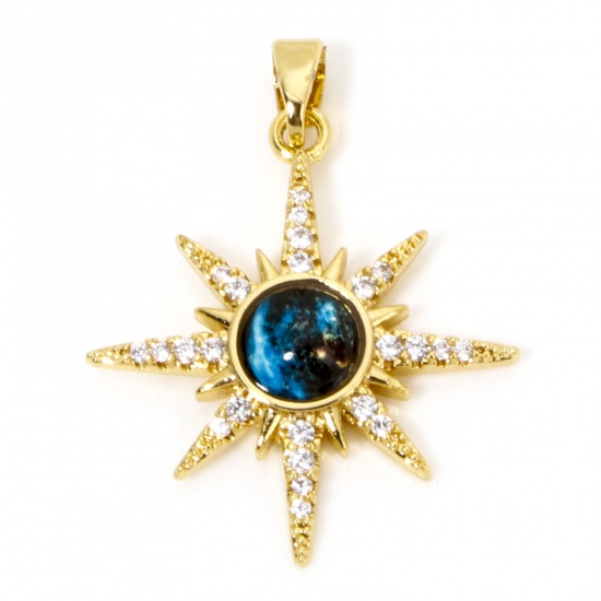 Picture of 1 Piece Brass Galaxy Charms 18K Gold Plated Blue Star With Glass Cabochons Clear Cubic Zirconia 28mm x 21.5mm