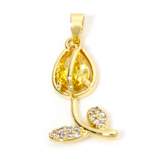 Picture of 1 Piece Brass & Glass Charms 18K Gold Plated Yellow Tulip Flower Micro Pave Clear Cubic Zirconia 29mm x 12mm