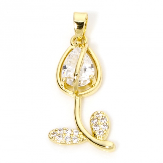 Picture of 1 Piece Brass & Glass Charms 18K Gold Plated Transparent Clear Tulip Flower Micro Pave Clear Cubic Zirconia 29mm x 12mm