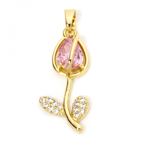 Picture of 1 Piece Brass & Glass Charms 18K Gold Plated Pink Tulip Flower Micro Pave Clear Cubic Zirconia 29mm x 12mm