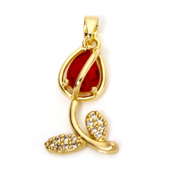 Picture of 1 Piece Brass & Glass Charms 18K Gold Plated Red Tulip Flower Micro Pave Clear Cubic Zirconia 29mm x 12mm