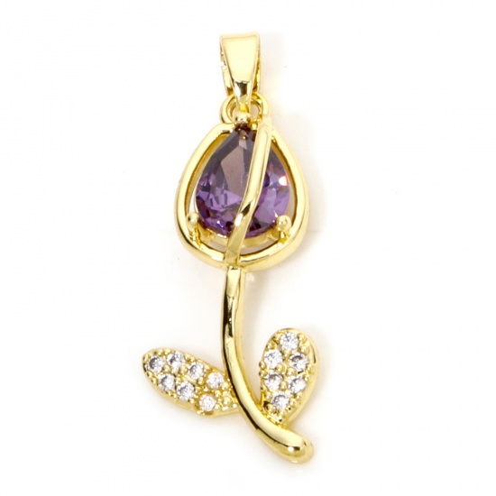 Picture of 1 Piece Brass & Glass Charms 18K Gold Plated Purple Tulip Flower Micro Pave Clear Cubic Zirconia 29mm x 12mm