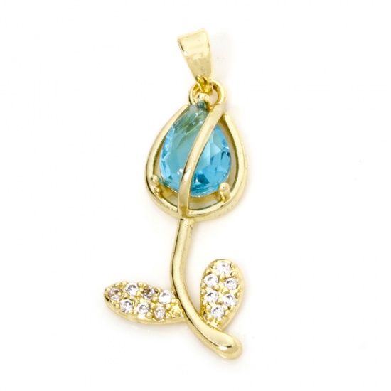 Picture of 1 Piece Brass & Glass Charms 18K Gold Plated Blue Tulip Flower Micro Pave Clear Cubic Zirconia 29mm x 12mm