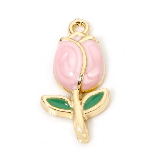 Picture of 10 PCs Zinc Based Alloy Charms Gold Plated Pink Tulip Flower Enamel 22mm x 11.5mm