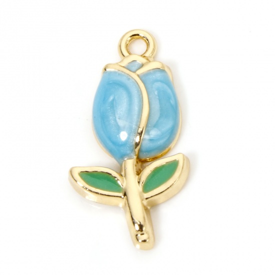 Picture of 10 PCs Zinc Based Alloy Charms Gold Plated Blue Tulip Flower Enamel 22mm x 11.5mm