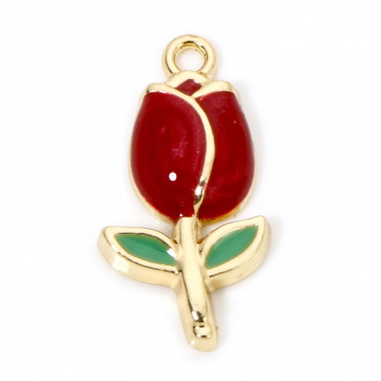 Picture of 10 PCs Zinc Based Alloy Charms Gold Plated Red Tulip Flower Enamel 22mm x 11.5mm