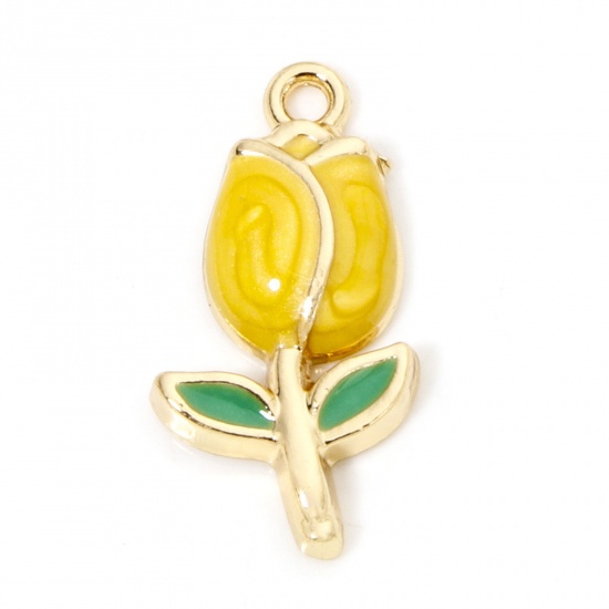 Picture of 10 PCs Zinc Based Alloy Charms Gold Plated Yellow Tulip Flower Enamel 22mm x 11.5mm