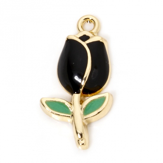 Picture of 10 PCs Zinc Based Alloy Charms Gold Plated Black Tulip Flower Enamel 22mm x 11.5mm