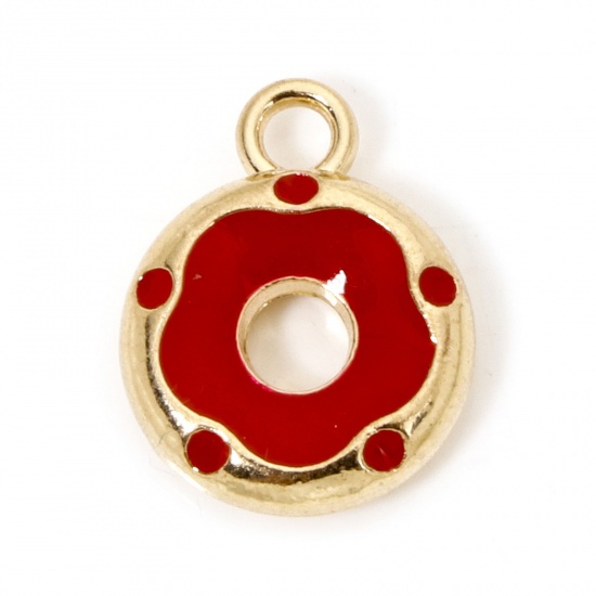 Picture of 10 PCs Zinc Based Alloy Charms Gold Plated Red Donut Enamel 14.5mm x 11.5mm