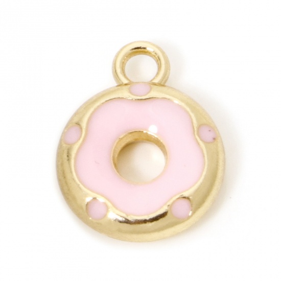 Picture of 10 PCs Zinc Based Alloy Charms Gold Plated Pink Donut Enamel 14.5mm x 11.5mm