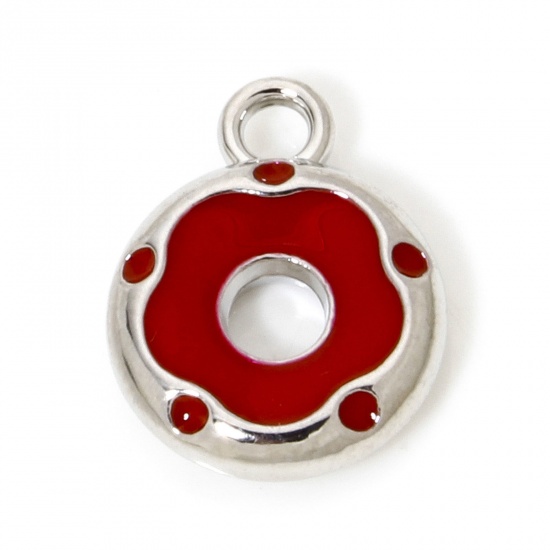 Picture of 10 PCs Zinc Based Alloy Charms Silver Tone Red Donut Enamel 14.5mm x 11.5mm