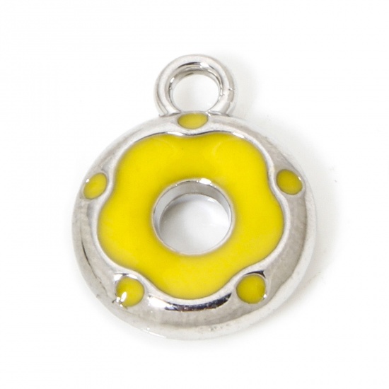 Picture of 10 PCs Zinc Based Alloy Charms Silver Tone Yellow Donut Enamel 14.5mm x 11.5mm