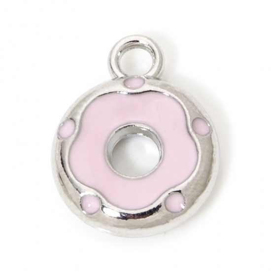 Picture of 10 PCs Zinc Based Alloy Charms Silver Tone Pink Donut Enamel 14.5mm x 11.5mm