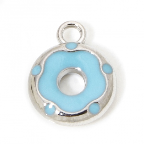 Picture of 10 PCs Zinc Based Alloy Charms Silver Tone Blue Donut Enamel 14.5mm x 11.5mm