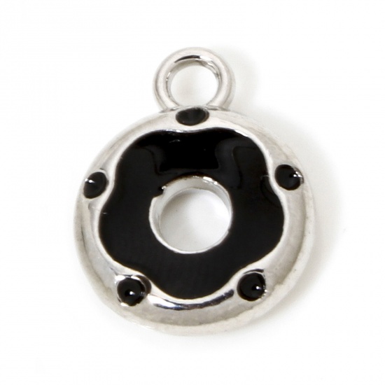 Picture of 10 PCs Zinc Based Alloy Charms Silver Tone Black Donut Enamel 14.5mm x 11.5mm