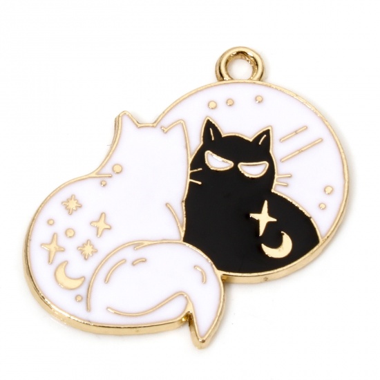 Picture of 10 PCs Zinc Based Alloy Halloween Charms Gold Plated Black & White Cat Animal Star Enamel 25.5mm x 25mm