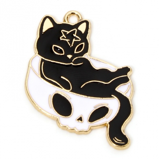 Picture of 10 PCs Zinc Based Alloy Halloween Charms Gold Plated Black & White Cat Animal Skull Enamel 27mm x 23mm