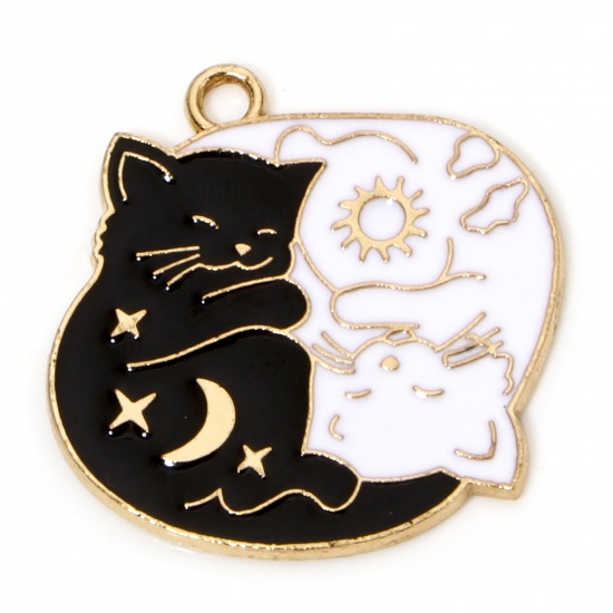 Immagine di 10 Pz Lega di Zinco Halloween Ciondoli Oro Placcato Nero & Bianco Gatto Stella Smalto 25mm x 24mm