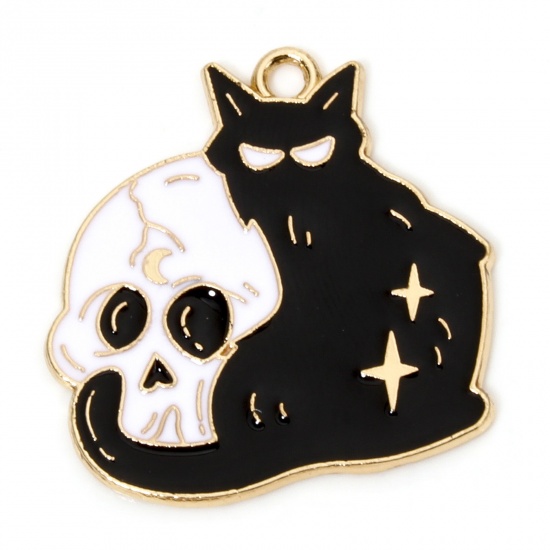 Immagine di 10 Pz Lega di Zinco Halloween Ciondoli Oro Placcato Nero & Bianco Gatto Cranio Smalto 25mm x 25mm