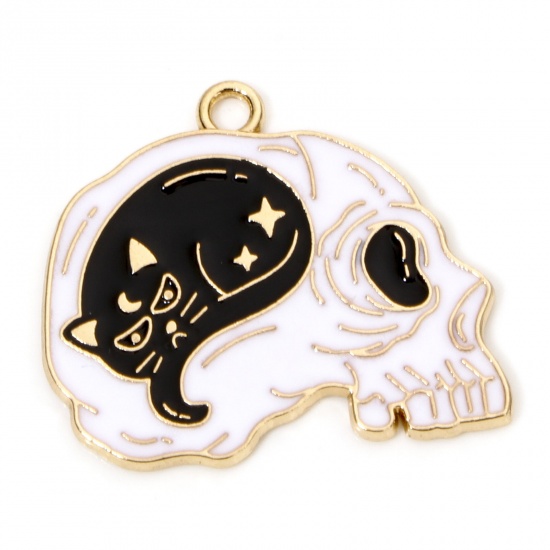 Immagine di 10 Pz Lega di Zinco Halloween Ciondoli Oro Placcato Nero & Bianco Gatto Cranio Smalto 25mm x 22mm