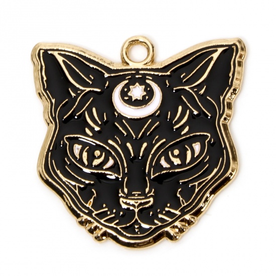 Picture of 10 PCs Zinc Based Alloy Halloween Charms Gold Plated Black & White Cat Animal Enamel 25mm x 25mm