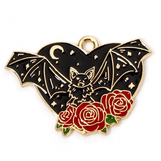 Immagine di 10 Pz Lega di Zinco Halloween Ciondoli Oro Placcato Nero & Rosso Halloween Pipistrello Rosa 28mm x 19mm