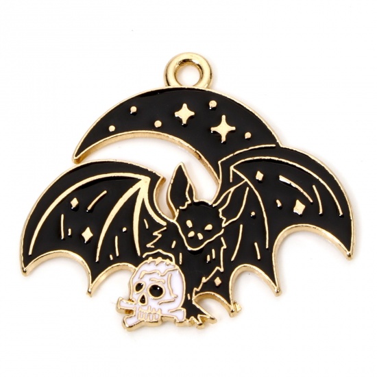 Picture of 10 PCs Zinc Based Alloy Halloween Charms Gold Plated Black & White Halloween Bat Animal Moon 28mm x 24mm