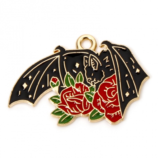 Immagine di 10 Pz Lega di Zinco Halloween Ciondoli Oro Placcato Nero & Rosso Halloween Pipistrello Rosa 28mm x 19mm